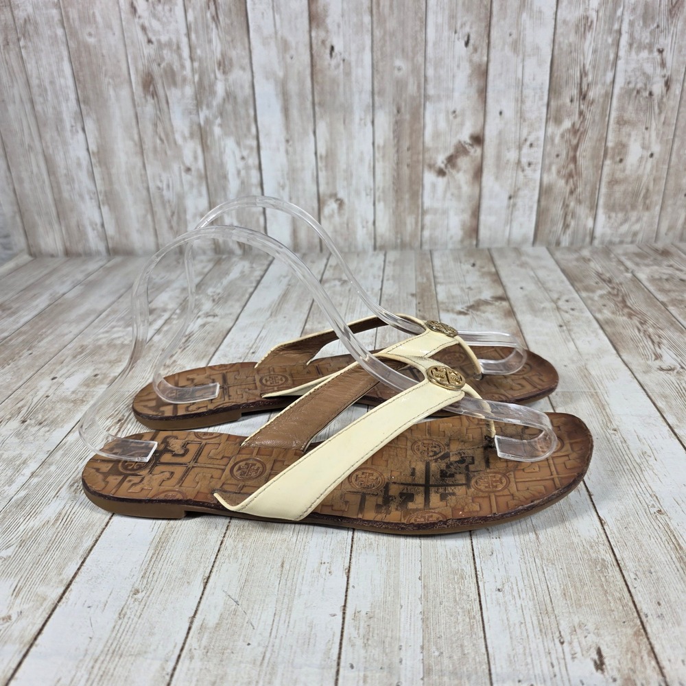 Tory Burch Flip Flops Thong‎ Sandals Designer Logo Ivory Gold Size 9